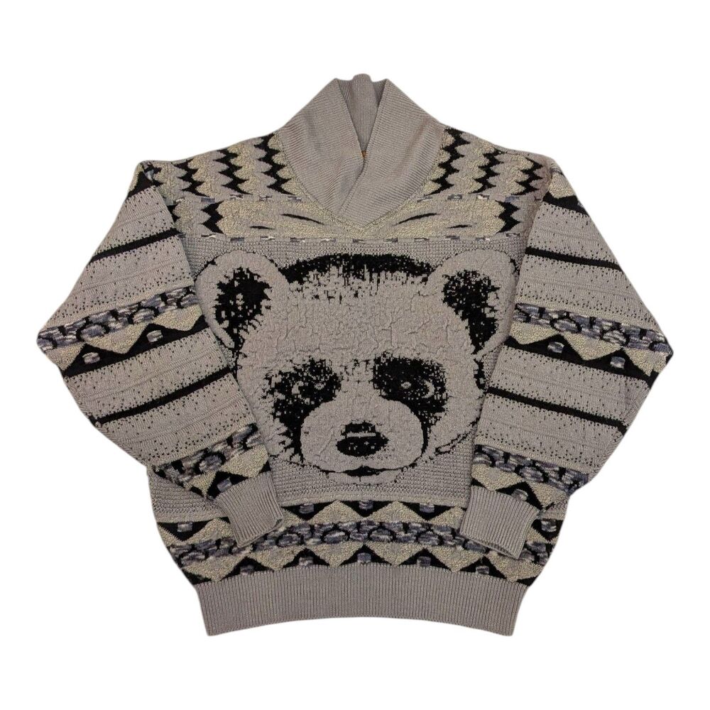 Vintage 90s Corsini Italia Raccoon 3D Intarsia Knit Sweater Gray Shawl Collar M